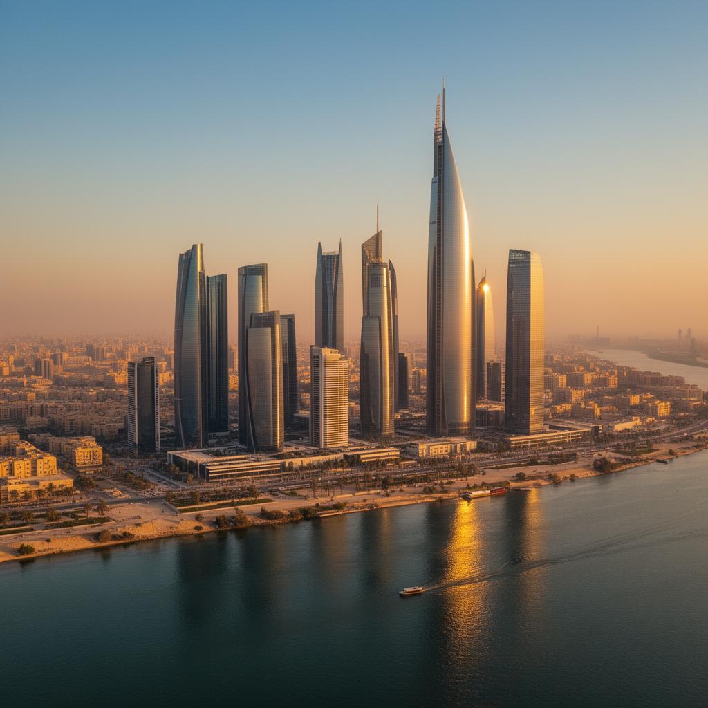 Modern Cairo skyline at golden hour featuring New Administrative Capital skyscrapers along the Nile