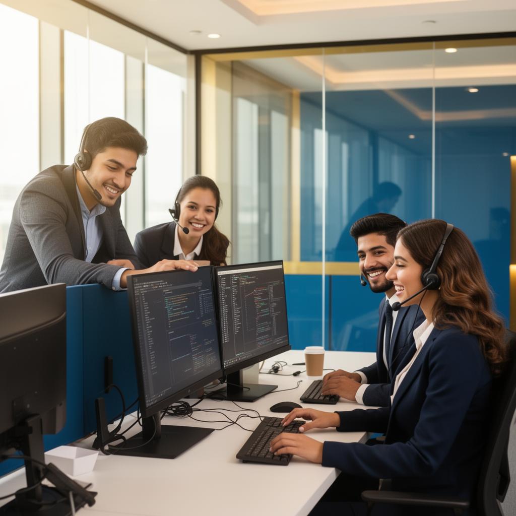 Young Egyptian BPO professionals collaborating with headsets in a modern call center office